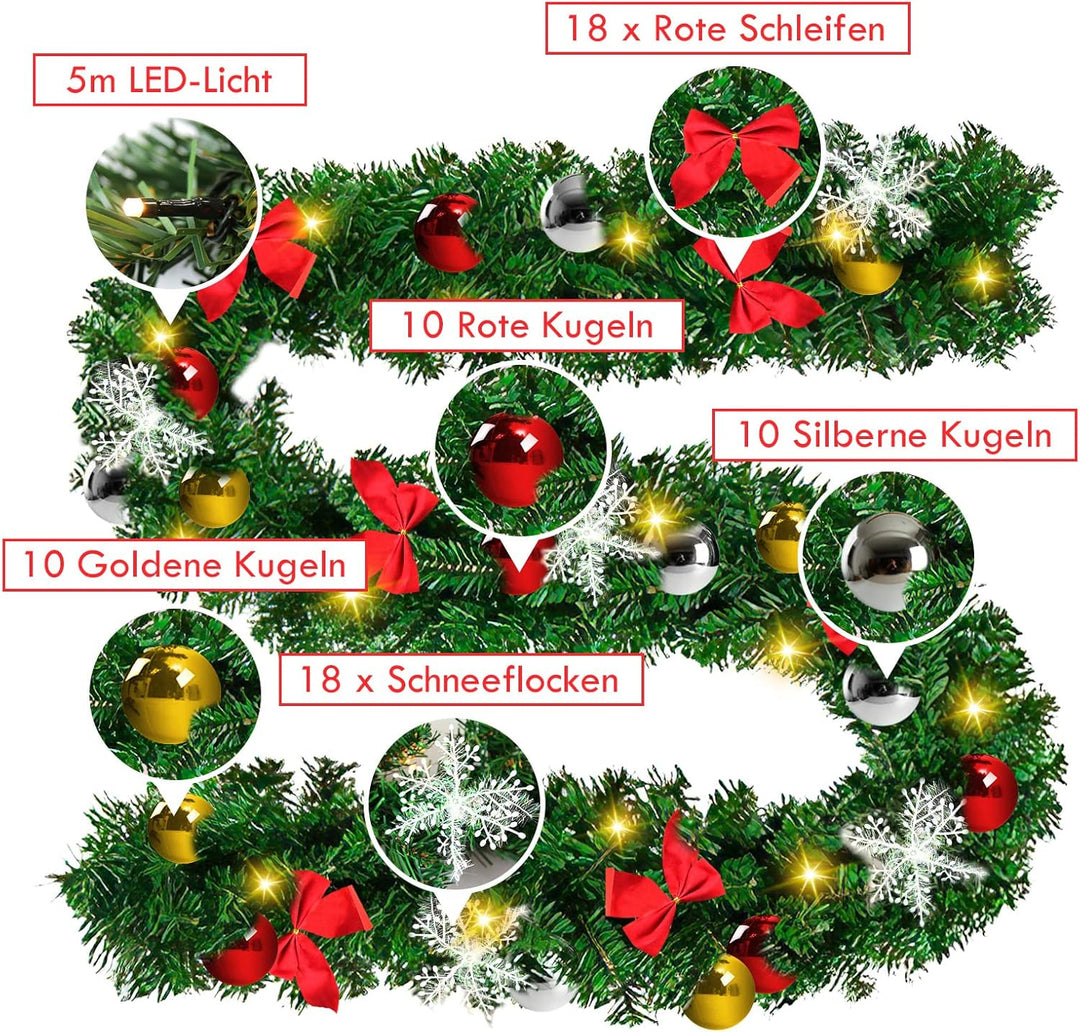 Yakimz Weihnachtsgirlande Künstliche, 5m mit 100 LEDs Warmweiss Lichterketten, inkl.Deko, Weihnachts