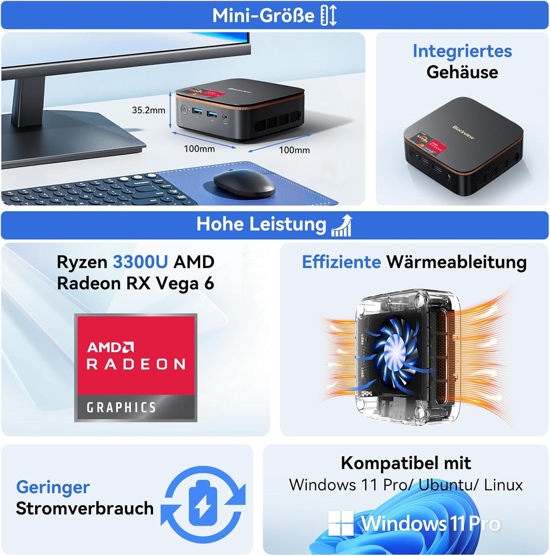 Blackview MP20 Mini PC, AMD Ryzen 3300U, 16GB DDR4 512GB SSD, Windows 11 Pro Mini Desktop PC, kompak