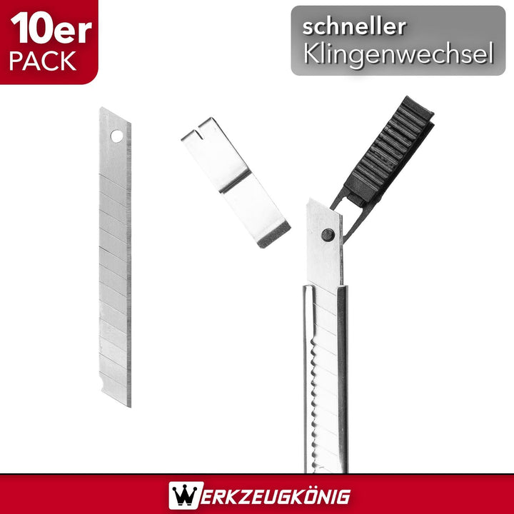 Cuttermesser 9mm Teppichmesser Edelstahl 10 Stck. + 100 Ersatzklingen 10 Stück, 10 Stück