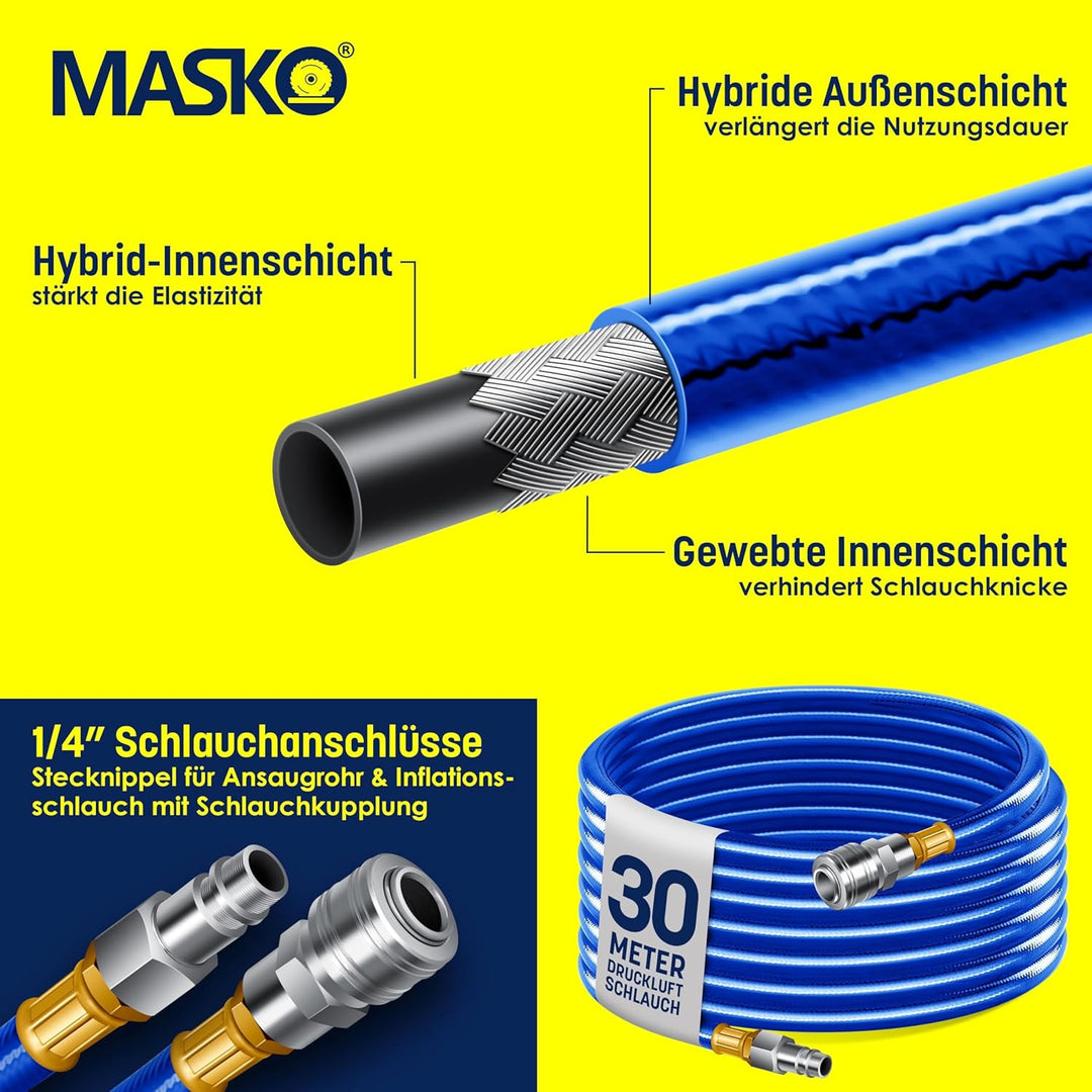 MASKO® Automatik Druckluftschlauch Aufroller 30m – Schlauchtrommel mit 1/4" Anschluss, Schlauchaufro