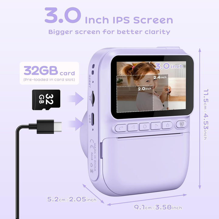 GREENKINDER Sofortbildkamera Kinder,14MP 3.0 Zoll Bildschirm Kinderkamera Sofortbildkamera mit 32G K