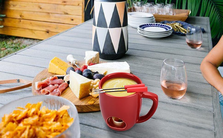 Keramik-Schokofondue-Becher-Set Roter Schokoladenschmelz-Becher mit Doppelter Öffnung Käsefonduetopf