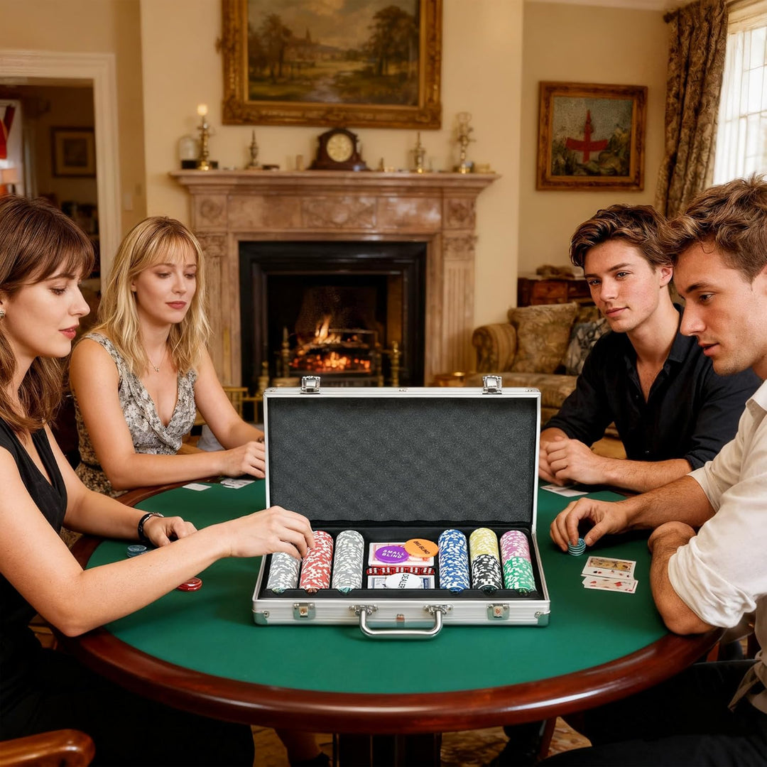 SPORTNOW Pokerkoffer Set, 300 Pokerchips 11,5 Gramm, Pokerset mit Schloss, 2 Pokerdecks, 5 Würfel, 1