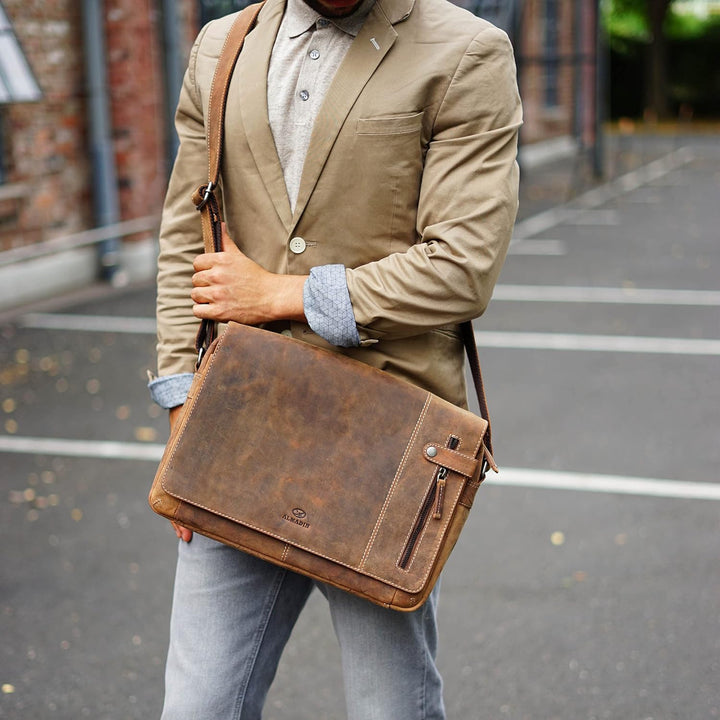 ALMADIH Leder Umhängetasche DYLAN Premium Rindsleder - Ledertasche mit Laptop Fach 15 Zoll Aktentasc