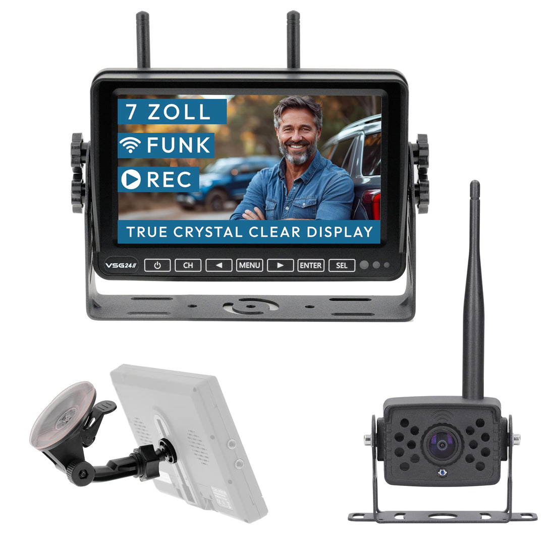 VSG24 7“ Element Wired HD Funk Rückfahrsystem für Wohnmobil & LKW, KFZ Set Rückfahrkamera kabellos +
