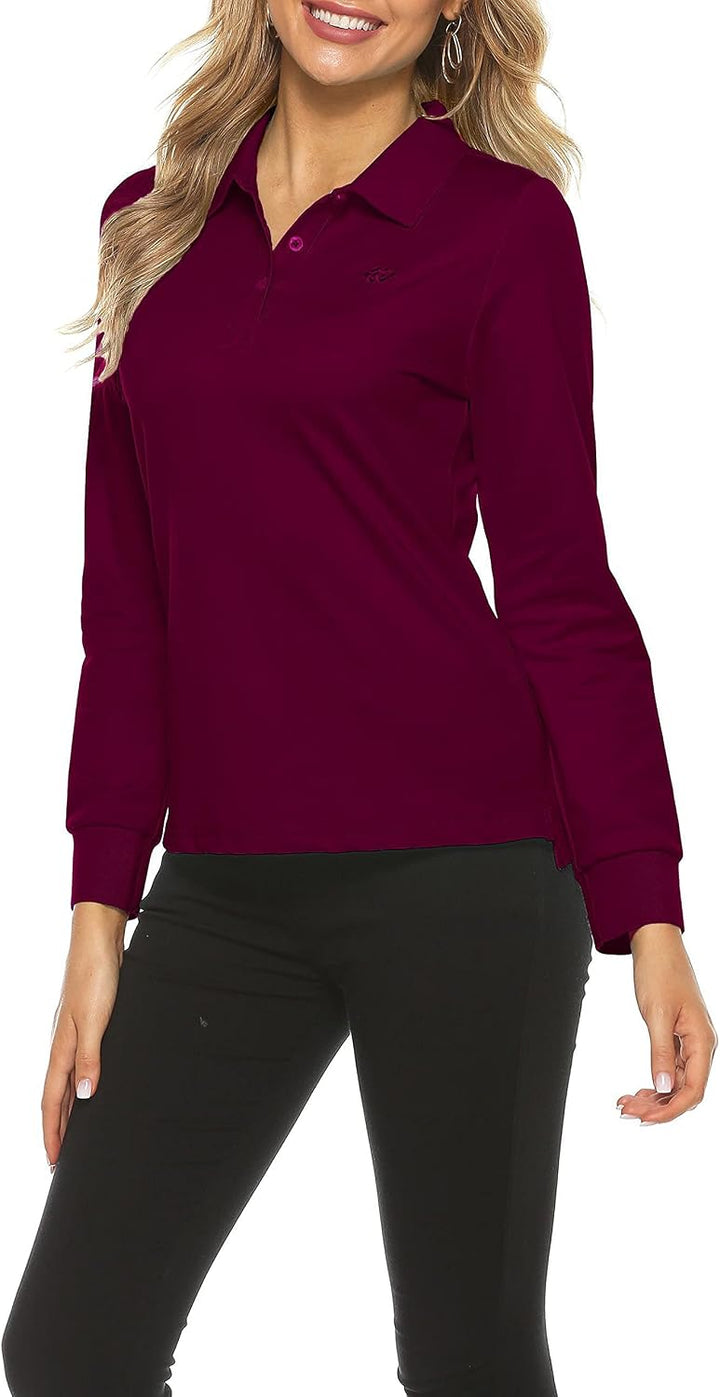 Damen Poloshirt Baumwolle Golf Wintershirt Langarm Oberteile Sports Training Polo mit Kragen Weinrot