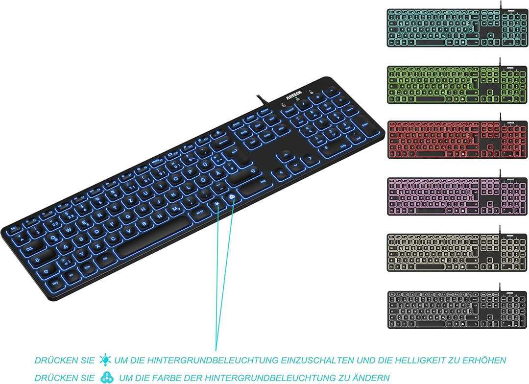 Arteck USB Kabelgebundene Tastatur Hintergrundbeleuchtung 7 Farben & Einstellbare Helligkeit Full Si