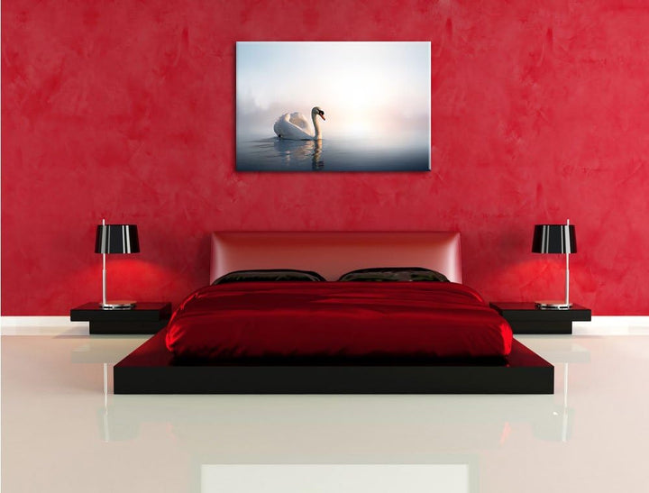 traumhafter weisser Schwan im See Format: 100x70 auf Leinwand, XXL riesige Bilder fertig gerahmt mit