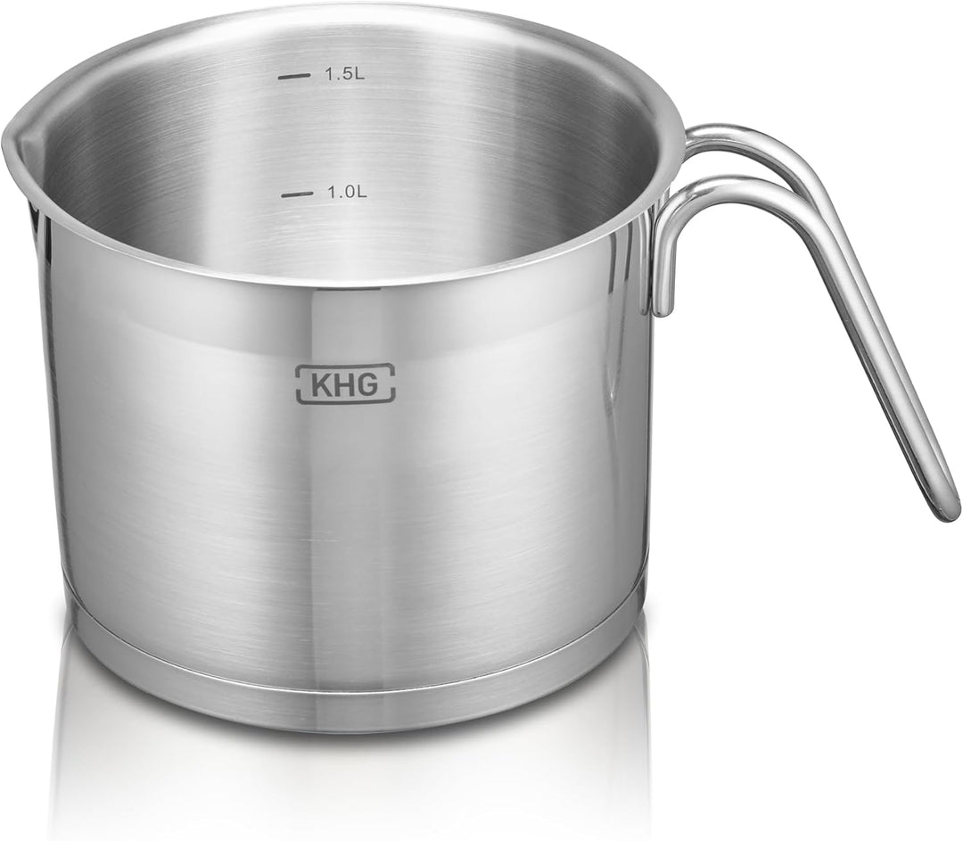 KHG Topf Kochtopf Milchtopf 14 cm Induktion, Edelstahl unbeschichtet | 11,5 cm hoher Rand, 1,5 Liter