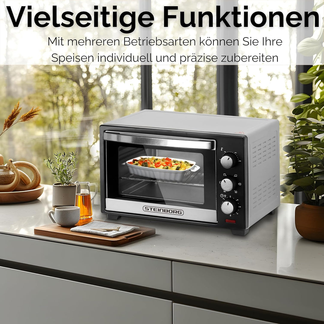 Steinborg® Mini Backofen 25 Liter Miniofen Elektro – Pizzaofen Tischbackofen 3-in-1 mit Ober-/Unterh