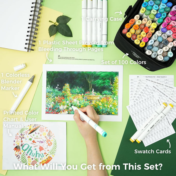 Ohuhu Marker Stifte, 100 Farben Stiften Marker Pen verdoppelt spitzt Kunst Sketch Twin Marker Stifte