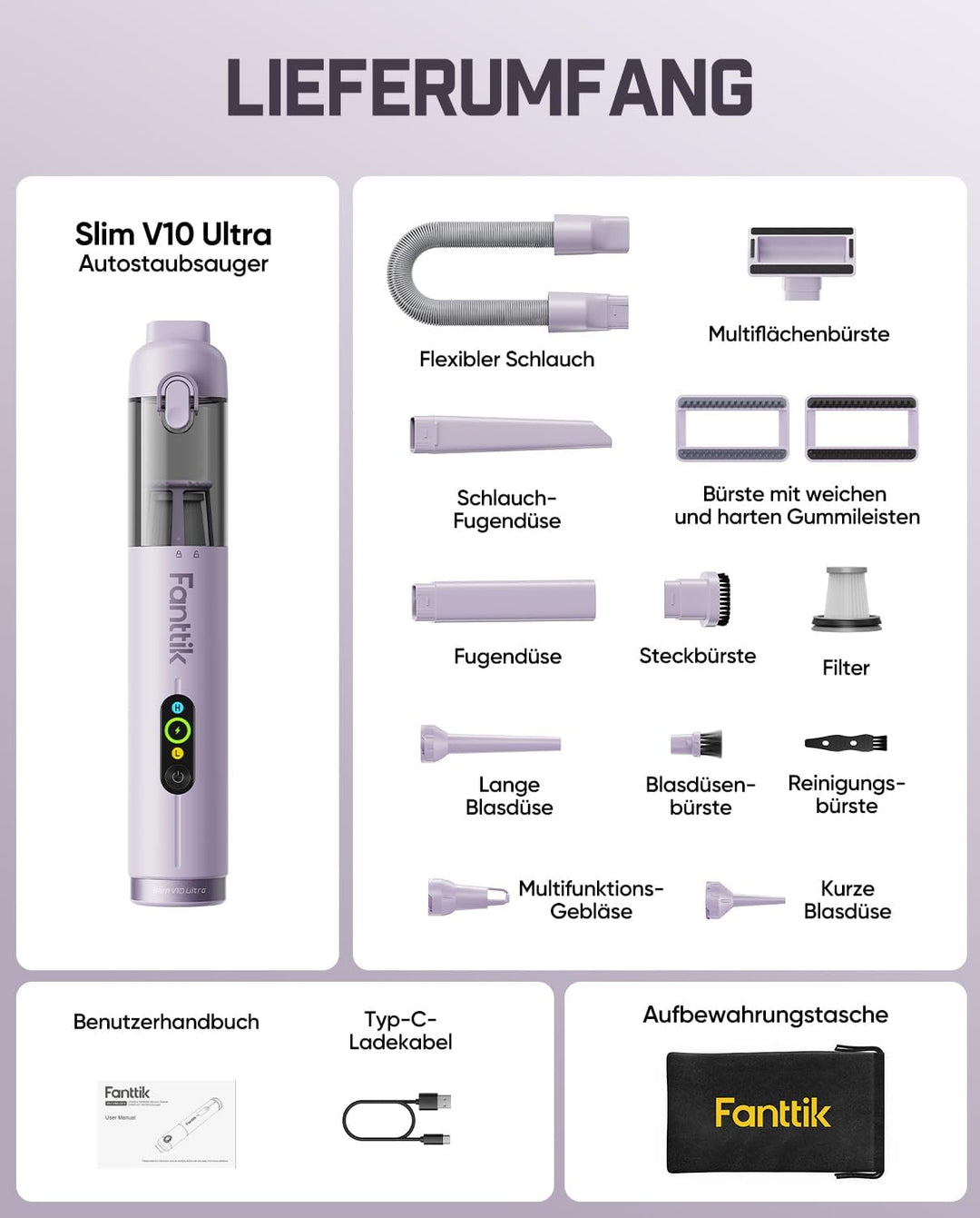 Fanttik Slim V10 Ultra kabelloser Autostaubsauger, 4-in-1 Mini Handstaubsauger mit 19 kPa Saugkraft,