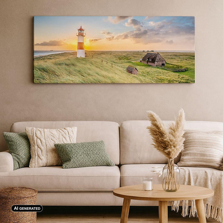 Panorama Bilder auf Leinwand Leuchtturm Meer Leinwandbild mit Rahmen 90x30cm Wandbilder Dekoration W