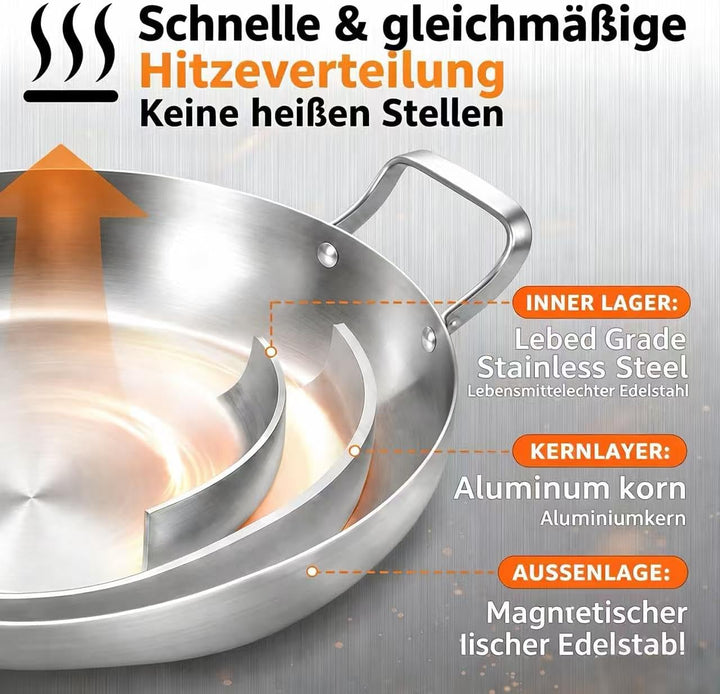 Inqibee Paella Pfanne 30 cm mit Deckel, Edelstahl Paellapfannen, Edelstahlpfanne Unbeschichtet, Stai