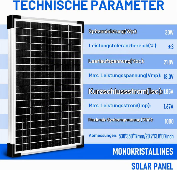 30W Mono Solarpanel Kit 12V Monokristallines Solarmodule System-set Solaranlage Komplettset 12 Volt