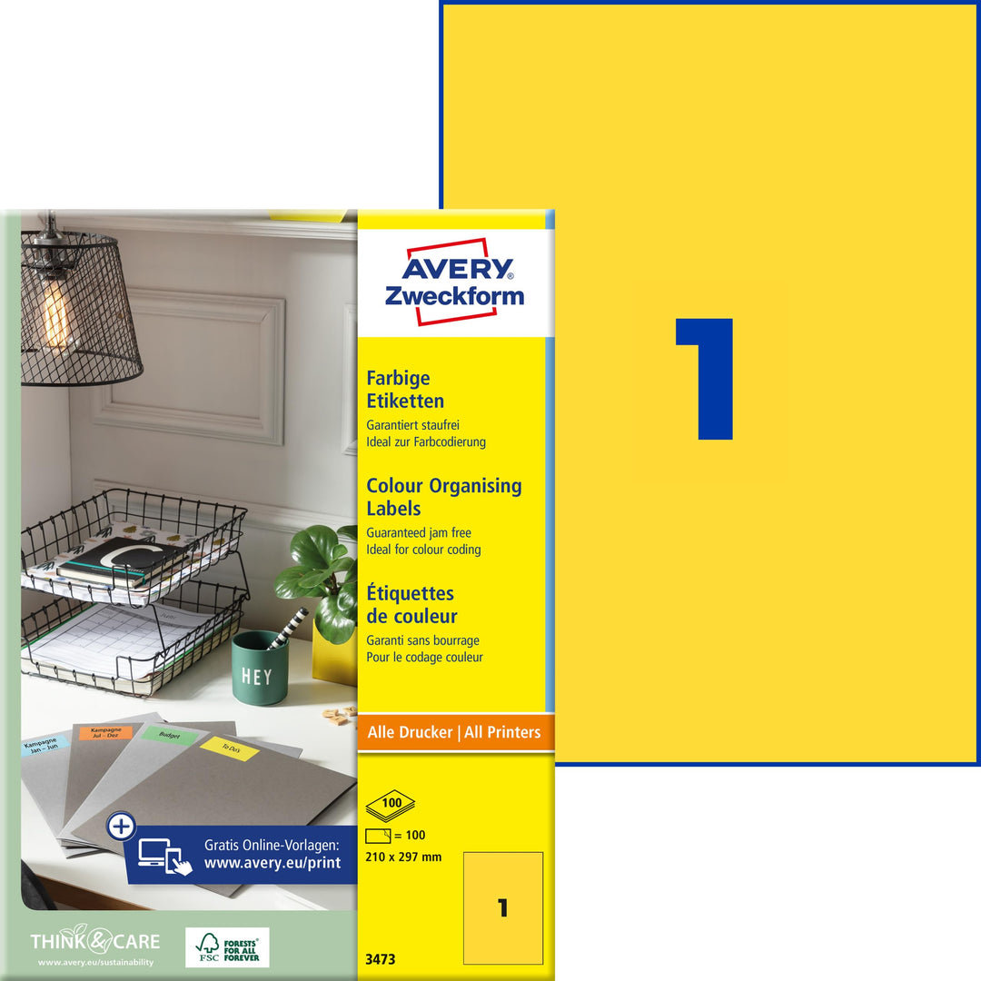 AVERY Zweckform 3473 Gelbe Etiketten (100 Aufkleber, 210x297mm auf A4, permanent haftend, selbstkleb
