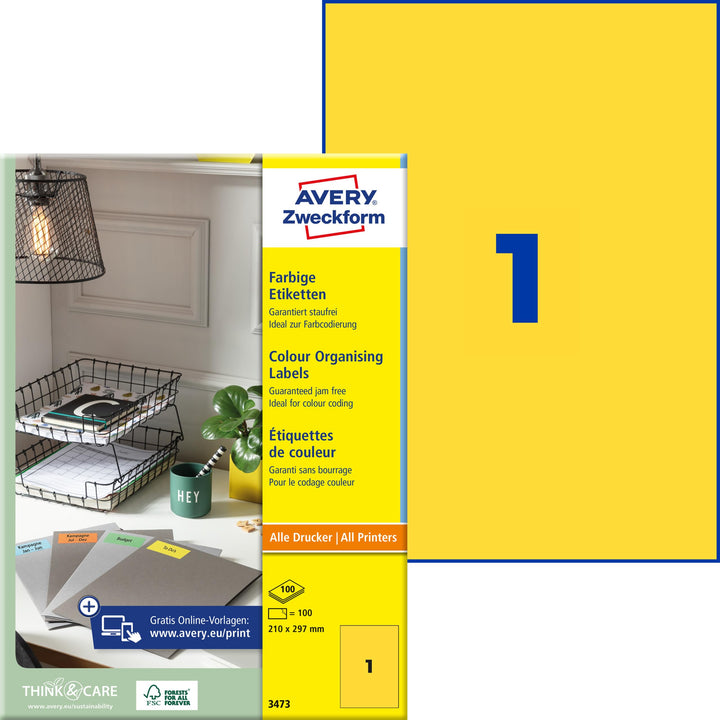 AVERY Zweckform 3473 Gelbe Etiketten (100 Aufkleber, 210x297mm auf A4, permanent haftend, selbstkleb