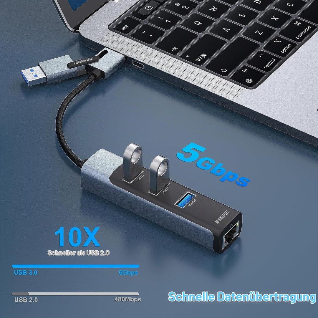 BENFEI Ethernet Adapter mit 3*USB 3.0, USB Typ-C/Typ-A auf Gigabit Ethernet LAN Netzwerk Adapter, ko