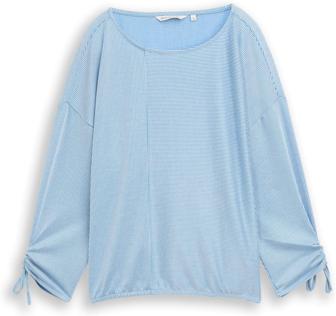 TOM TAILOR Denim Damen Loose Fit Longsleeve mit Streifen & Raffarm XS 31347 - Small Mid Blue White S