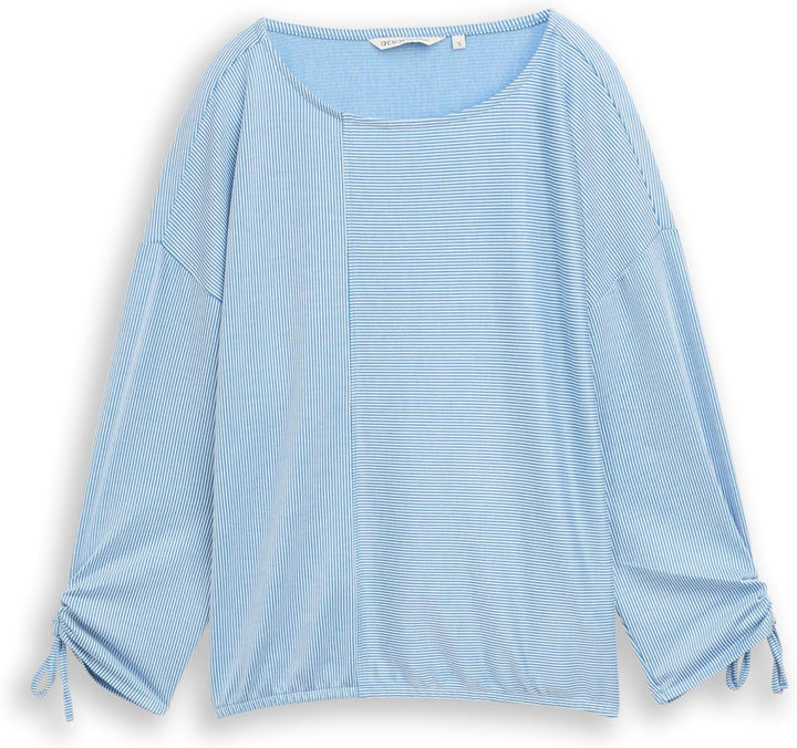 TOM TAILOR Denim Damen Loose Fit Longsleeve mit Streifen & Raffarm XS 31347 - Small Mid Blue White S