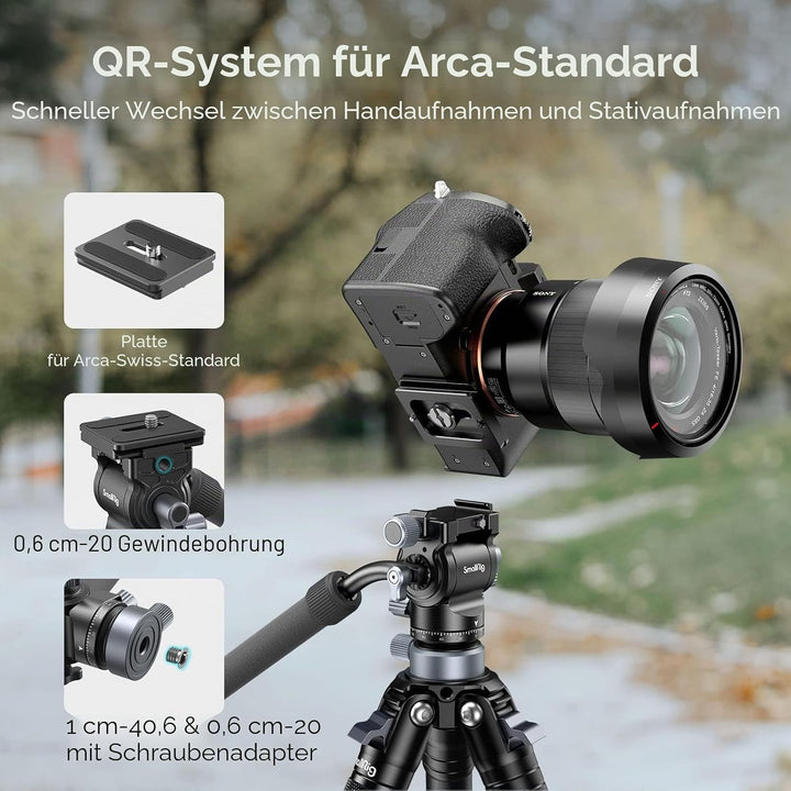 SMALLRIG Stativ Fluid Videokopf Video Head Mount Plate CH20 mit Schnellwechselplatte für Arca Swiss，