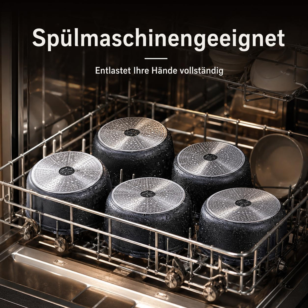 Royal Swiss Kochgeschirr, Induktion, 9-teilig, 2 abnehmbare Griffe, Topfset mit Deckel für alle Herd