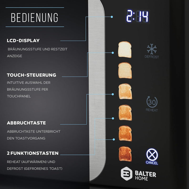 Balter Toaster 4 Scheiben, Touch Bedienung, Langschlitz, Edelstahl, Brötchenaufsatz, LCD Display Lan
