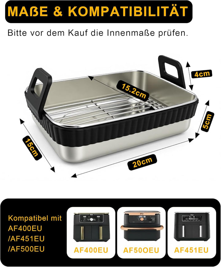 3-tlg. Edelstahl Auflaufform Airfryer Zubehör für Ninja Dual Zone & FlexDrawer AF400EU AF451EU AF500