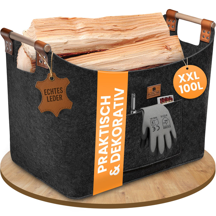 BLACK OAK Montana XXL 100L Filzkorb &amp; Holzkorb für Kaminholz - Echt-Leder Applikation + breite Griff
