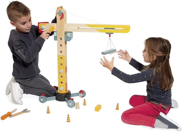 Janod - Grosser Holzkran 74 cm - Rollenspielzeug - Konstruktionsspiel - 360° Drehbar und Mobil - 12