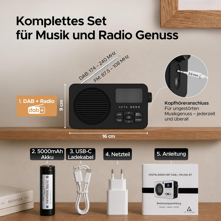 Acta Berg DAB Radio mit Akku 5000mAh austauschbar | Küchenradio mit BT 5.3 | DAB+/UKW-Radio | Digita