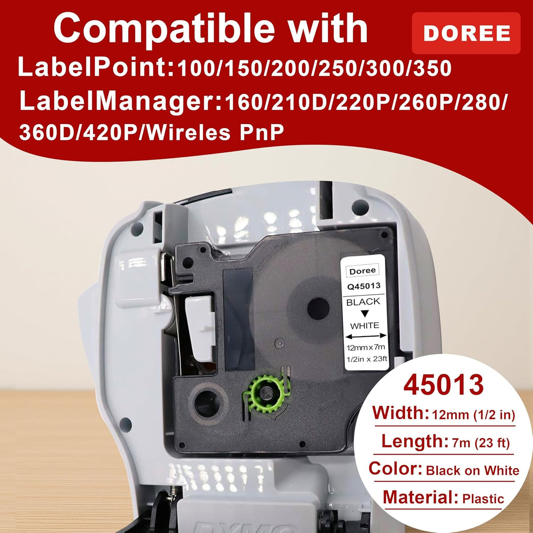 DOREE 180 Pack Etikettenband 45013 12mm x 7m Schwarz auf Weiss Kompatibel mit Dymo D1 12mm Wasser-un