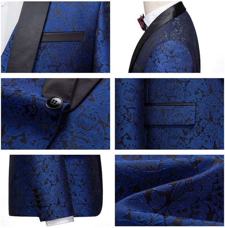 KUDORO Herren Anzüge 3-Teilig Slim Fit Paisley für Hochzeit Party Eine Knöpfe Jacquard Smoking Herre