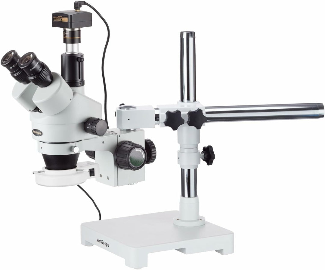 AmScope SM-3TZ-54S-3M Trinokulares LED Boom Ständer Stereomikroskop mit 3MP Kamera, 3.5X-90X, Weiss