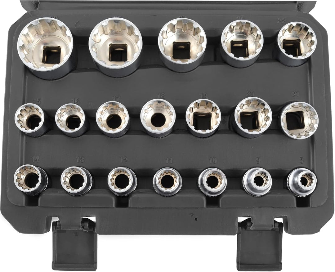 TECPO Steckschlüssel Satz 19-tlg. Sechskant 8-32 mm 1/2 Zoll Werkzeug Nuss-Set Zöllig 5/16"-1-1/4" E