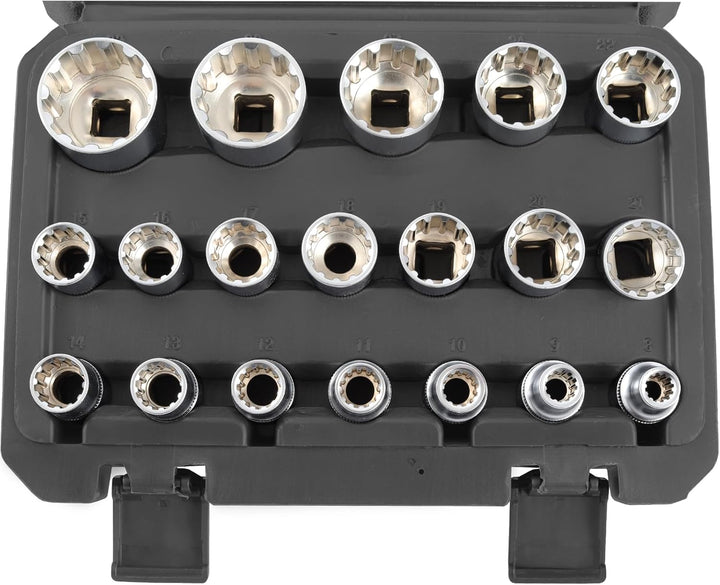 TECPO Steckschlüssel Satz 19-tlg. Sechskant 8-32 mm 1/2 Zoll Werkzeug Nuss-Set Zöllig 5/16"-1-1/4" E