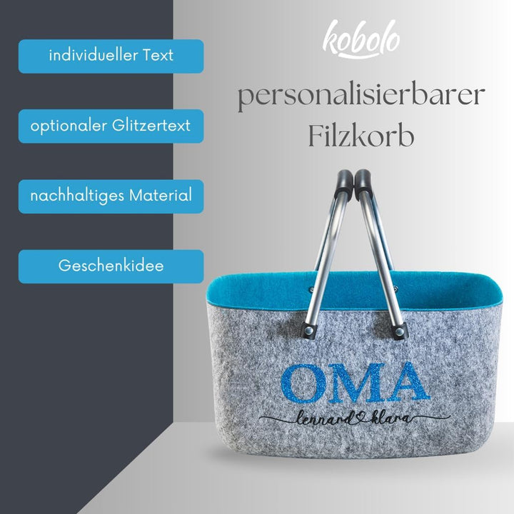 Kobolo personalisierbarer Filzkorb | 36x22x18 cm | grau-blau | moderner Einkaufskorb mit stabilen He