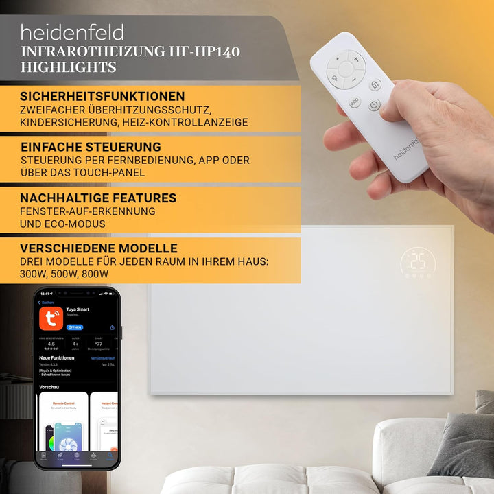 Heidenfeld Infrarotheizung HF-HP140 | 800 Watt bis 20 m² | 3in1 Steuerung via App | Fernbedienung |