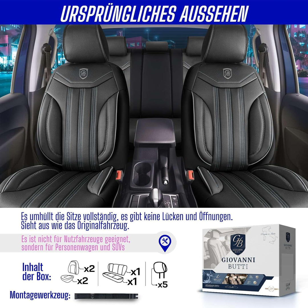 Autositzbezüge Universal für PKW & SUV – Premium Vordersitze Auto Sitzbezug aus Leder, Schwarz-Grau,