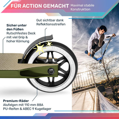 Fun Pro Stunt Scooter Insane2, Stunt Roller mit ABEC 9 Lager, Scooter mit Griptape, 110 mm Rollen mi