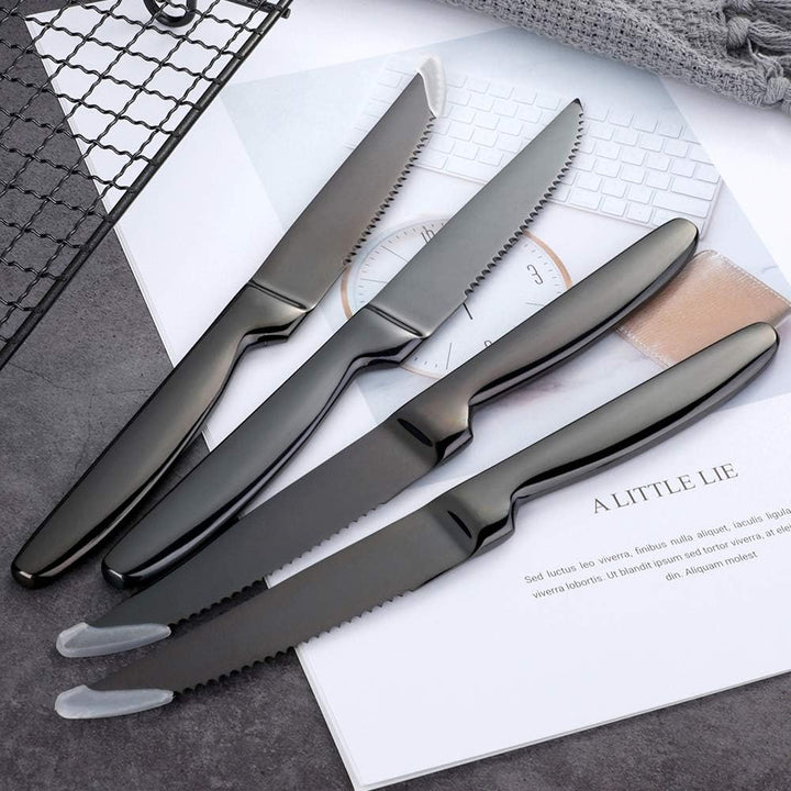 BISDARUN Steakmesser Set mit scharfem Wellenschliff Edelstahl 6-teilig Tafelmesser Schwarz Fleischme