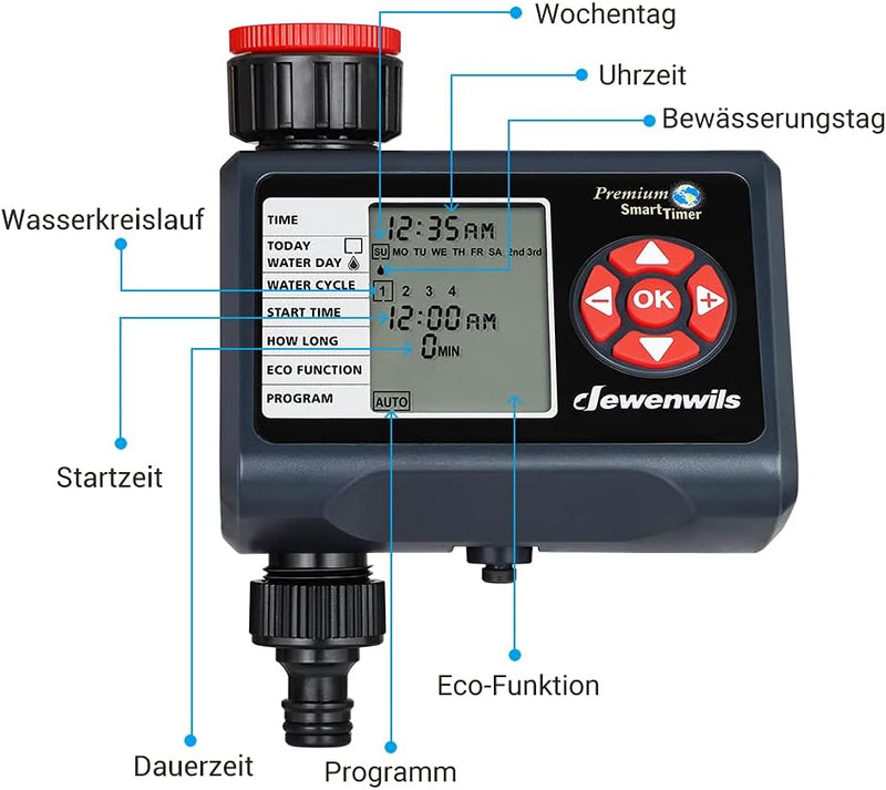 DEWENWILS Bewässerungscomputer, 4 Bewässerungsprogramme für Jede Zone, Garten Bewässerungsuhr, Autom