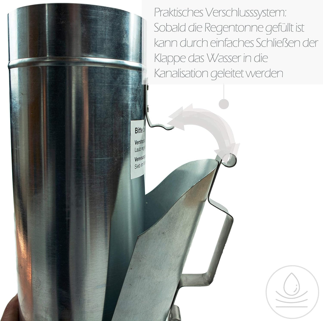 Zink Regenrohrklappe 100 mm mit Edelstahl Sieb - Titanzink Fallrohrklappe als Regenwassersammler, ei
