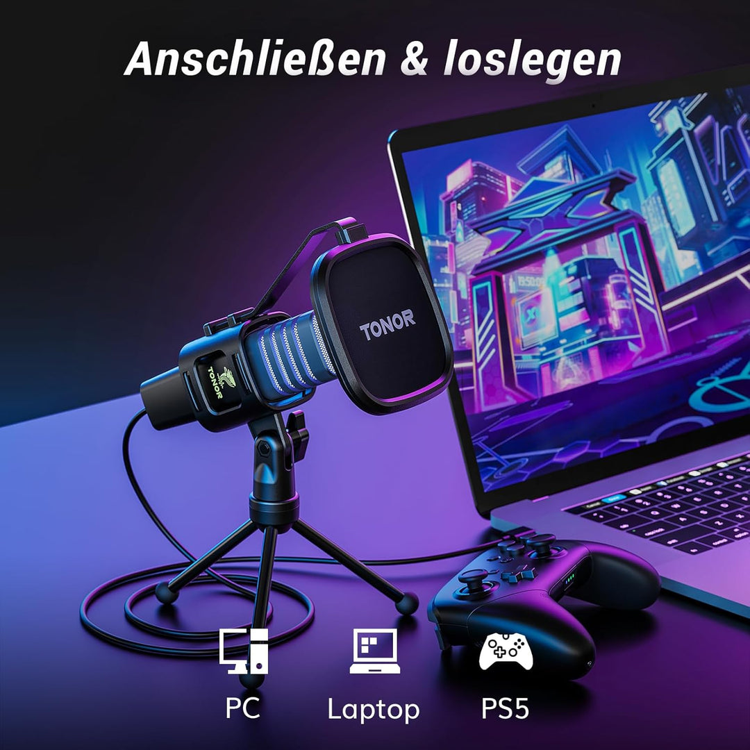 TONOR Gaming USB Mikrofon PC RGB Microphone Streaming Podcast Studio Nierencharakteristik Kondensato