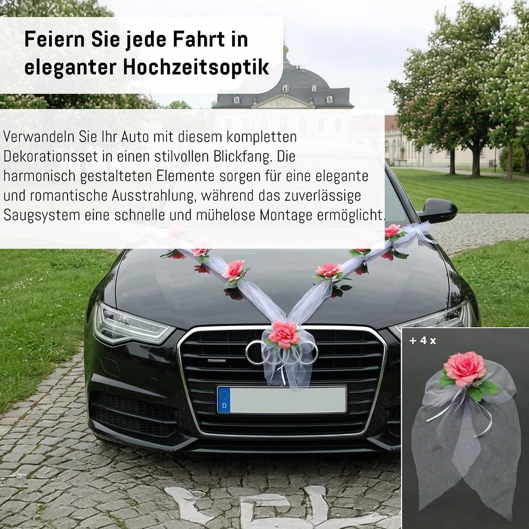 Organza M + Schleife Auto Schmuck Braut Paar Rose Deko Dekoration Autoschmuck Hochzeit Car Auto Wedd