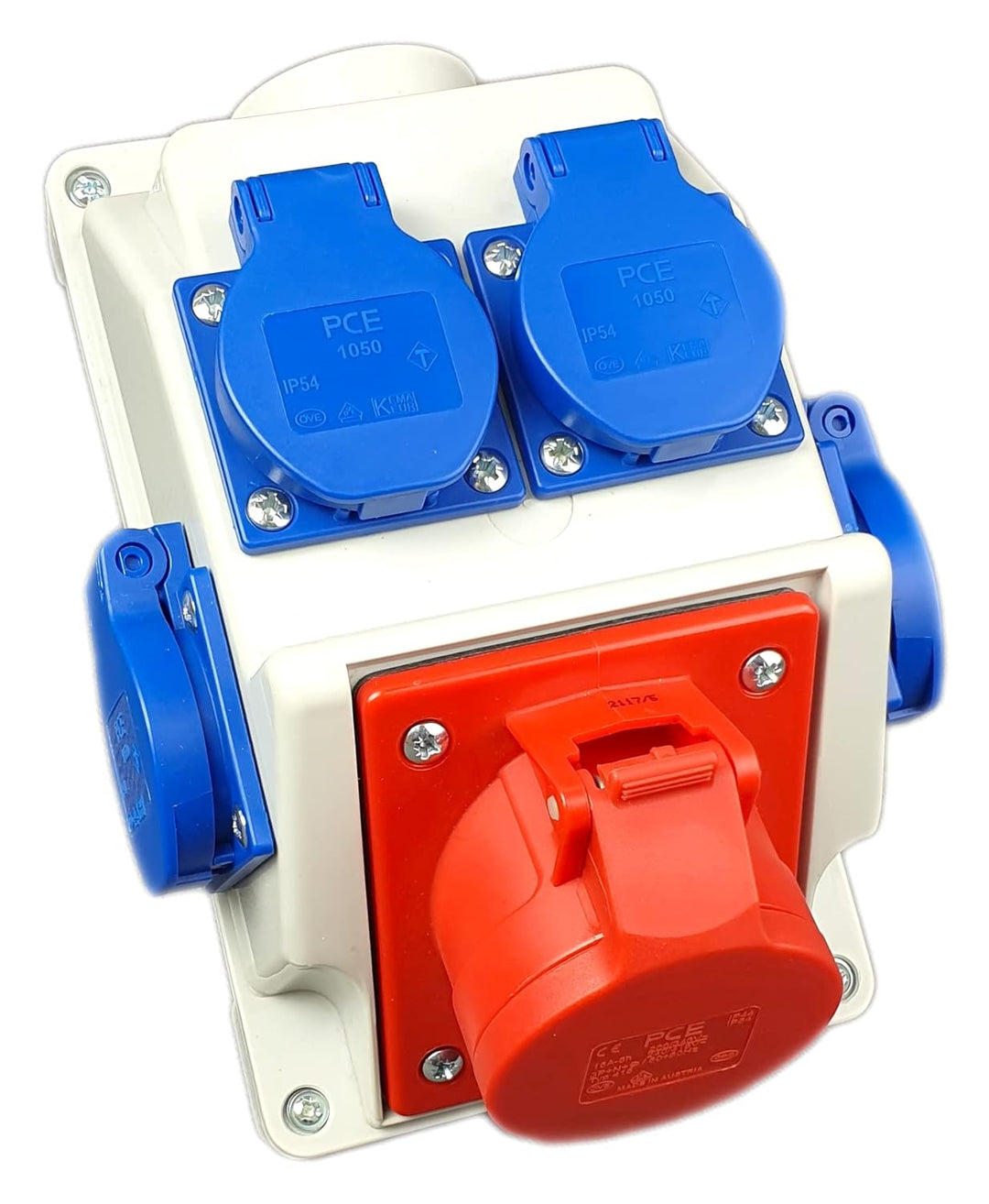 RoadEu Kombi Wandsteckdose 16A 5P mit 4x 230V Schuko. CEE Steckdose 16A. Starkstrom Steckdose IP44 f