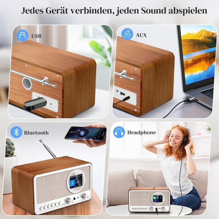 DAB DAB+ / FM Radio mit Fernbedienung, Bluetooth, 5W HiFi Lautsprecher, Kopfhöreranschluss, USB, AUX