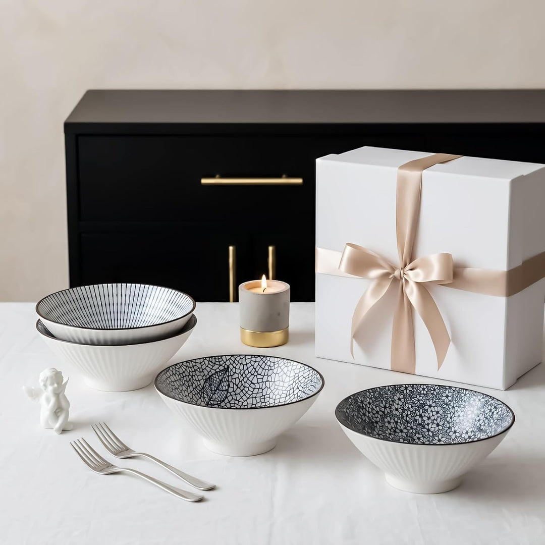 QINLANG Japanische Ramenschalen, Keramik, 4 Stück, für Müsli, Suppe, Pho, Nudeln, Blau und Weiss, 20