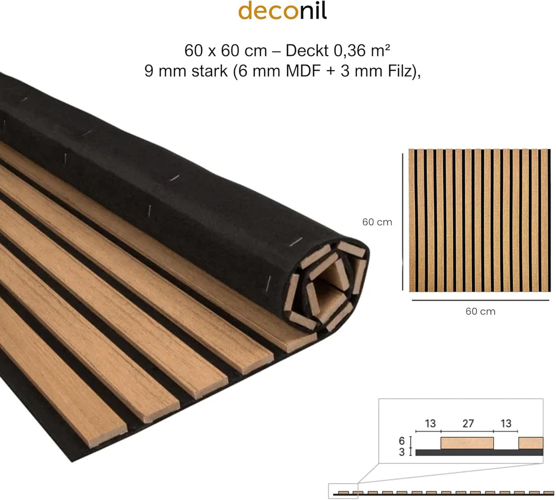 Dekorative Wandpaneele mit Filz und MDF Leisten – 60x60 cm - Nachhallreduzierend & Flexibel – 3 mm F