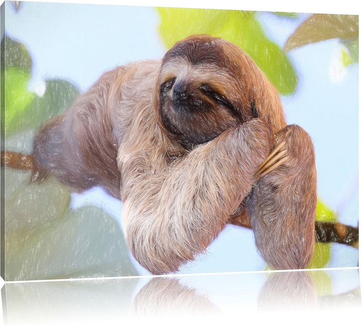 Pixxprint schönes Faultier hängt von AST / 100x70cm Leinwandbild bespannt auf Holzrahmen/Wandbild Ku